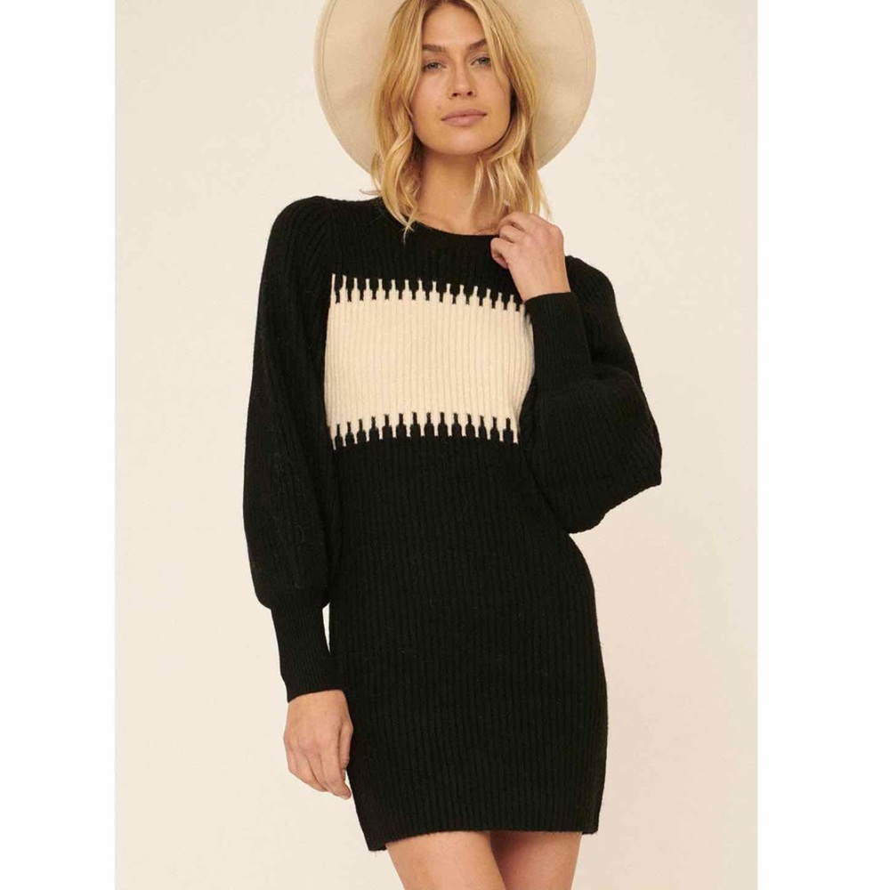 BLACK RIBBED KNIT SWEATER MINI DRESS - Picture 1 of 5
